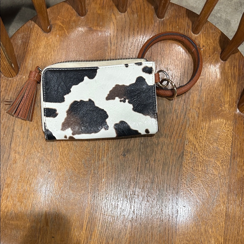 Cowhide Print Wristlet Card Holder - Brown & White
